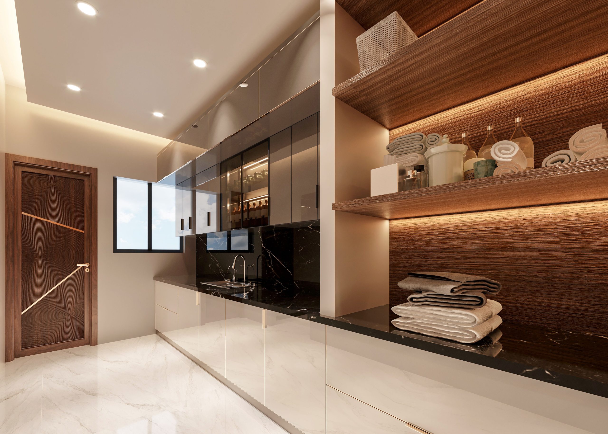 Sleek modern kitchen interior with glossy surfaces, wooden accents, and abundant natural lighting.